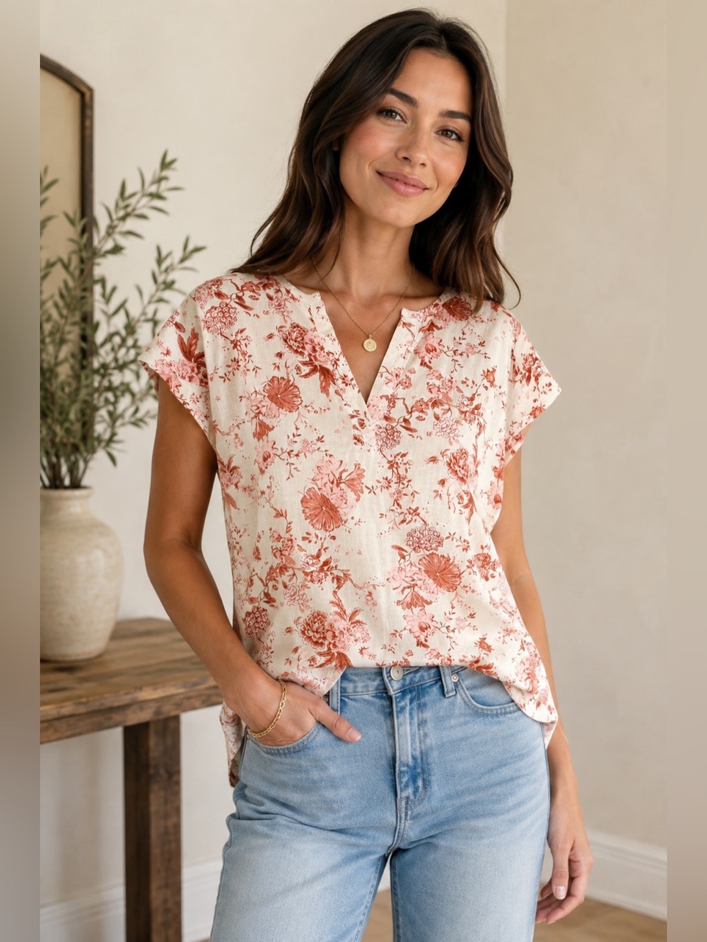 Anne Carson Cream Floral Split V-Neck Cap Sleeve Blouse
